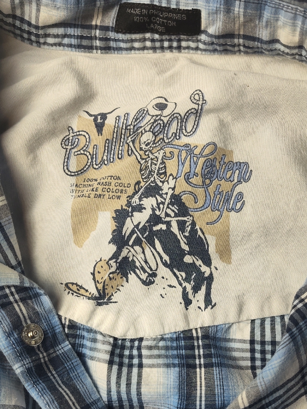 Bullhead Men’s Blue Plaid Western Pearl Snap Short Sleeve Shirt Large - Picture 7 of 7